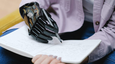 Homme avec une main bionique écrit sur un carnet au stylo