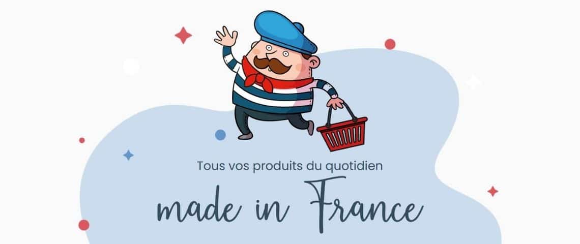 Simplement Français propose via un seul et unique e-shop, uniquement des produits du quotidien fabriqués en France. Logo Simplement Français, petit personnage avec un beret bleu, une marinière, un foulard rouge et un panier à la main