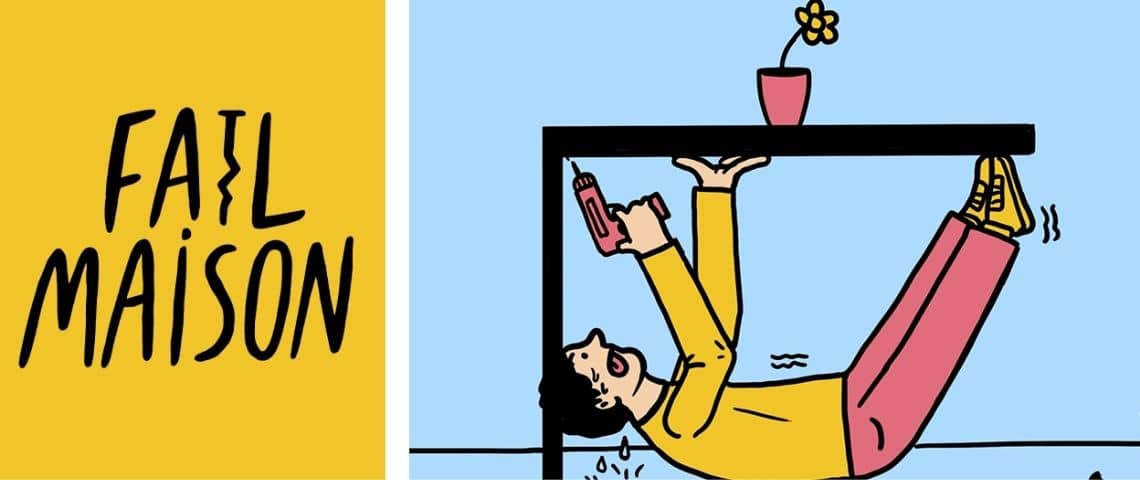 Fail Maison, le podcast de 18h39 et Castorama, qui raconte les petites histoires derrière vos grands travaux Homme bricolant sous une table
