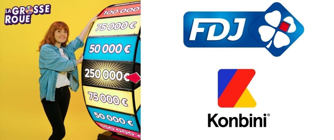 FDJ et Kewl (l’agence créative intégrée à Konbini) dévoilent aujourd’hui la première émission de tirage digitale dédiée aux gagnants du ticket à gratter « La Grosse Roue ». femme devant une roue avec des gains affichés dessus