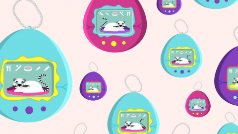 Des tamagotchis dessinés sur fond rose