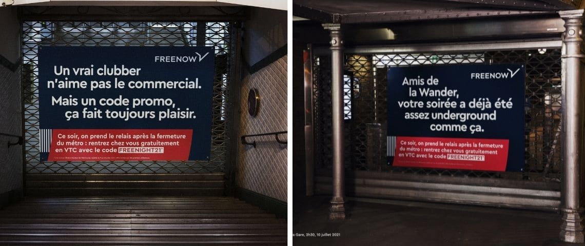 La nuit de la réouverture des boîtes, Freenow s’affiche sur les grilles de métro fermées et raccompagne les fêtards chez eux gratuitement. Affiche métro