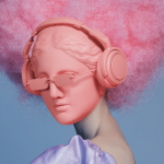 Statue rose avec afro, lunettes et casque roses