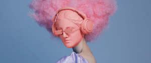 Statue rose avec afro, lunettes et casque roses