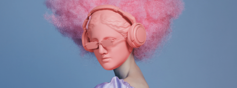 Comment les musiciens s'adaptent aux réseaux sociaux Statue rose avec afro, lunettes et casque roses