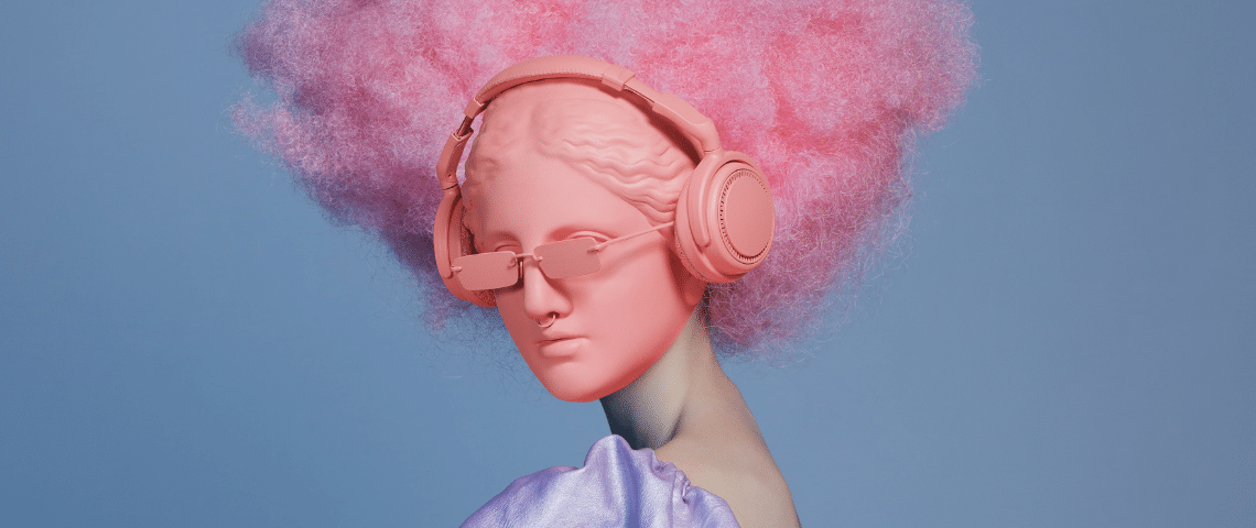 Comment les musiciens s'adaptent aux réseaux sociaux - L'ADN Statue rose avec afro, lunettes et casque roses