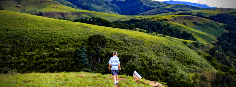 Randonneur sur colline dans un paysage naturel vaste et vert