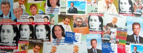 Gideon Fausses affiches électorales avec le meêm visage en Ségolène Royal, en Sarkozy, en Bayrou