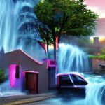 Image créée par une IA montrant une ru et une voiture sous l'eau avec des couleurs rose et bleu