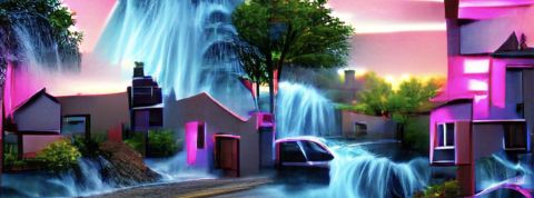 images-ai Image créée par une IA montrant une ru et une voiture sous l'eau avec des couleurs rose et bleu