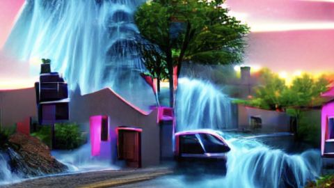 Image créée par une IA montrant une ru et une voiture sous l'eau avec des couleurs rose et bleu