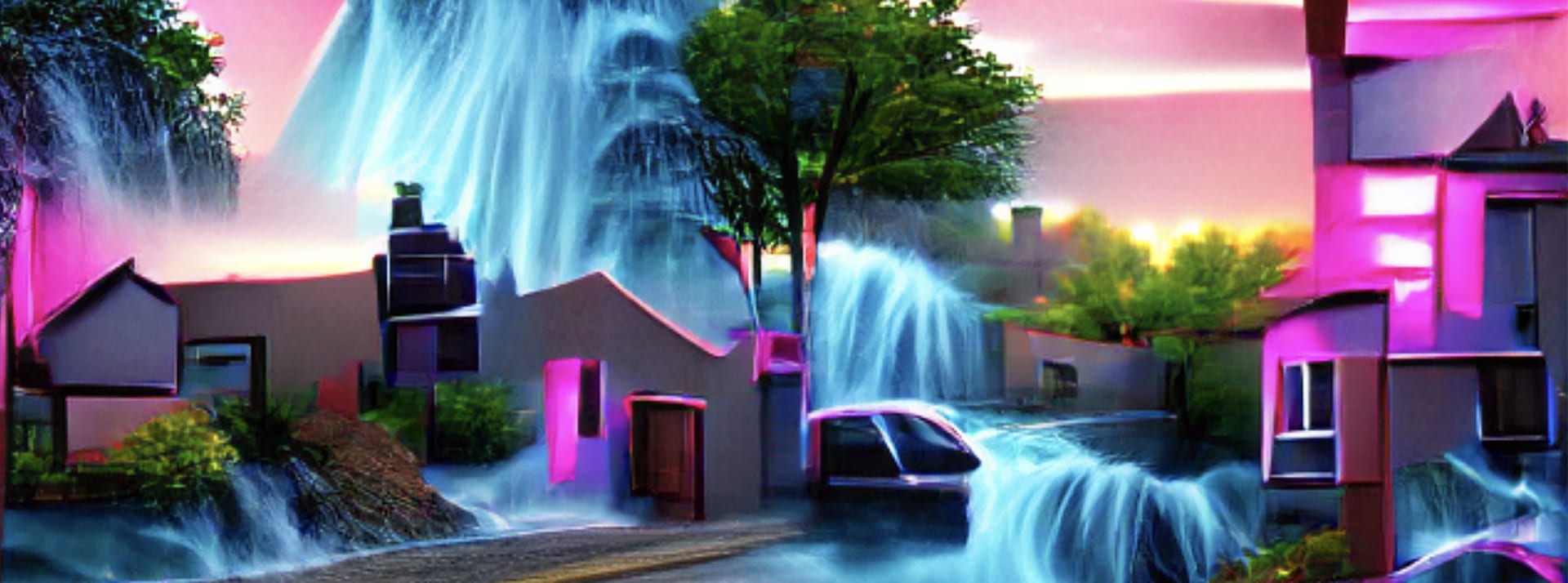 Image créée par une IA montrant une ru et une voiture sous l'eau avec des couleurs rose et bleu