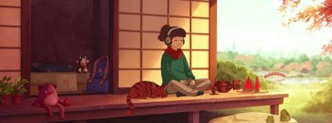 lofi girl chilling jeune fille et son chat sur une terrasse ensoleillée écoutent de la musique