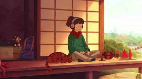 jeune fille et son chat sur une terrasse ensoleillée écoutent de la musique