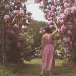 une femme en robe rose de dos dans l'herbe à côté d'arbres en fleurs