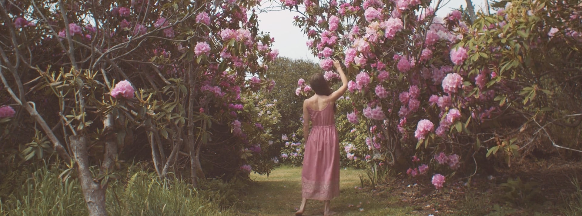 Quand la mode réinvente son business model - L'ADN une femme en robe rose de dos dans l'herbe à côté d'arbres en fleurs