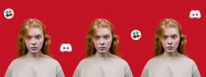 jeune femme adulte en colère avec logos slack et discord sur fon rouge