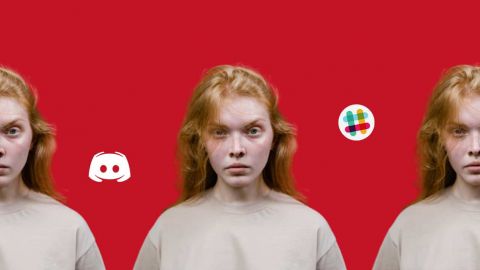 jeune femme adulte en colère avec logos slack et discord sur fon rouge