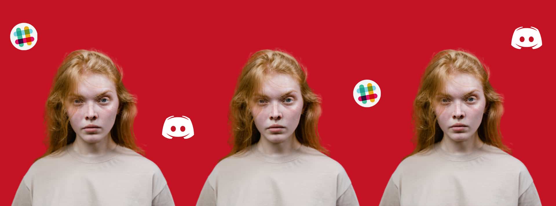 Les salariés de la Silicon Valley se rebiffent sur Slack et Discord - L'ADN jeune femme adulte en colère avec logos slack et discord sur fon rouge