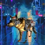 Un chien cyborg dans une ville futuriste