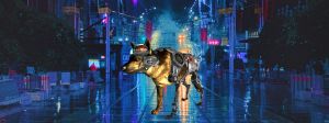 Un chien cyborg dans une ville futuriste