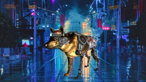 Un chien cyborg dans une ville futuriste