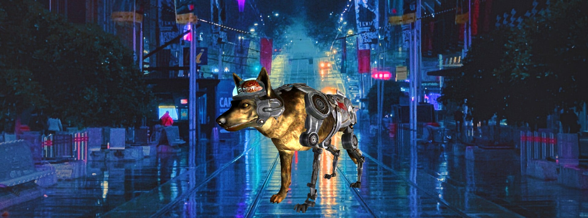 crispr-dog Un chien cyborg dans une ville futuriste