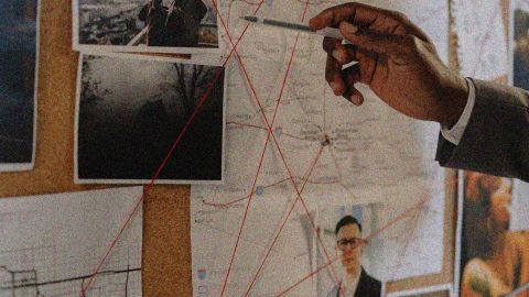 Main avec stylo désignant une photo sur un mur de documents dans le cadre d'une enquête