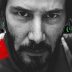 Keanu Reeves sur fond de lignes de code du film Matrix