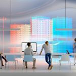 Vision futiriste bureaux très digital avec logos Slack