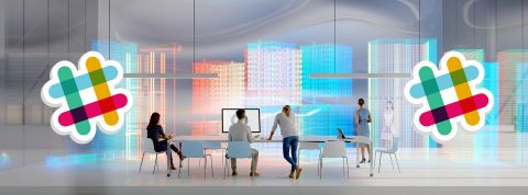 Slack Vision futiriste bureaux très digital avec logos Slack