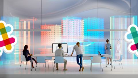 Vision futiriste bureaux très digital avec logos Slack