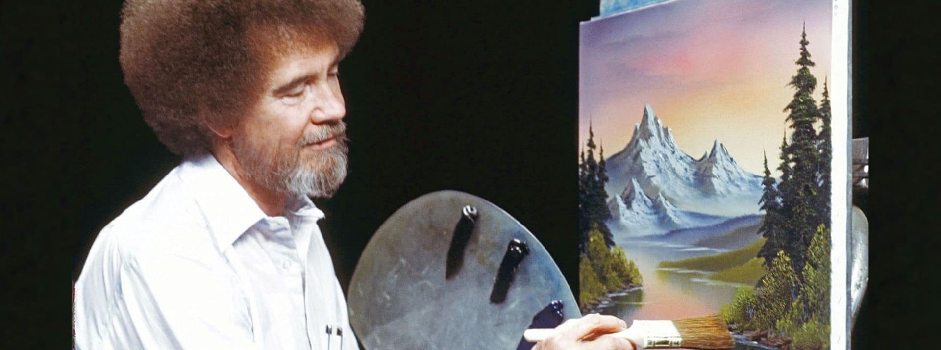 bob ross, star de TikTok et précurseur de l'ASMR Le peintre Bob Ross peint un paysage montagneux et des arbres