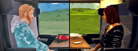 Les Passagers de Ziad Touma ELLE et LUI rêvassent dans un train, assis l’un face à l’autre