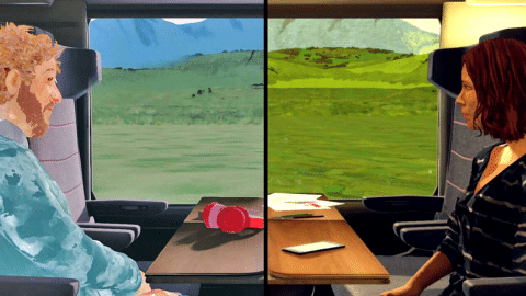 ELLE et LUI rêvassent dans un train, assis l’un face à l’autre