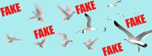 Des oiseaux sur fond bleu avec les mots fakes en rouge autour