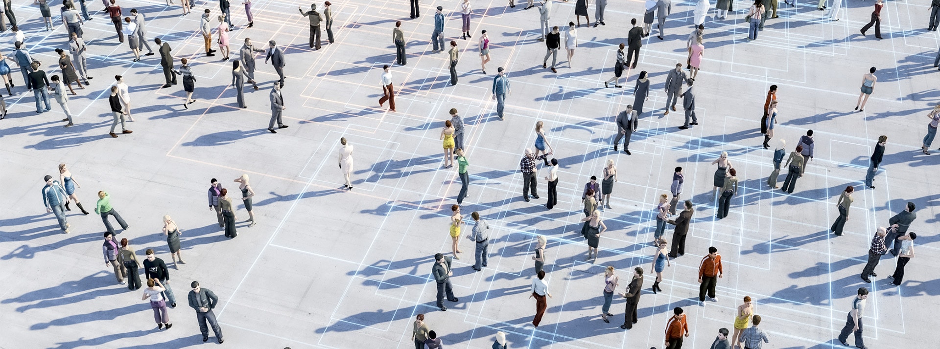 Vue aérienne de plein de gens discutant en groupes