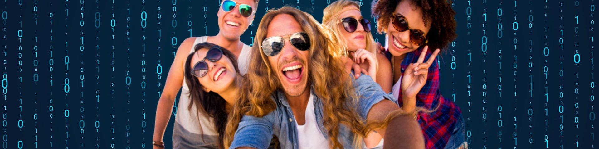 Un groupe d'amis sur fond de 1 et de 0