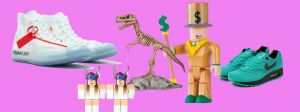 Sur fond rose, un squelette de t-rex, un bonhomme Lego et deux paires de baskets