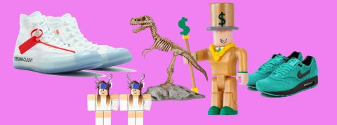 Top des moyens pour faire de l'argent sur Internet Sur fond rose, un squelette de t-rex, un bonhomme Lego et deux paires de baskets