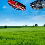 Vue de. campagne et voitures comme balancées dans le ciel