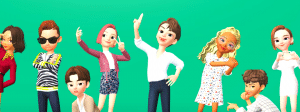 Plein d'avatars de Zepeto sourient et dansent sur un fond vert