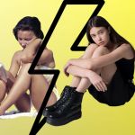 Jeune fille dans les 60's séparée par un éclair d'une jeune fille de la genZ