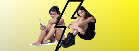 Fracture genZ et générations précédentes Jeune fille dans les 60's séparée par un éclair d'une jeune fille de la genZ