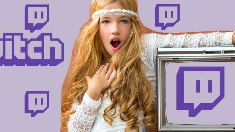 Petite fille et TV vintage avec logo Twitch