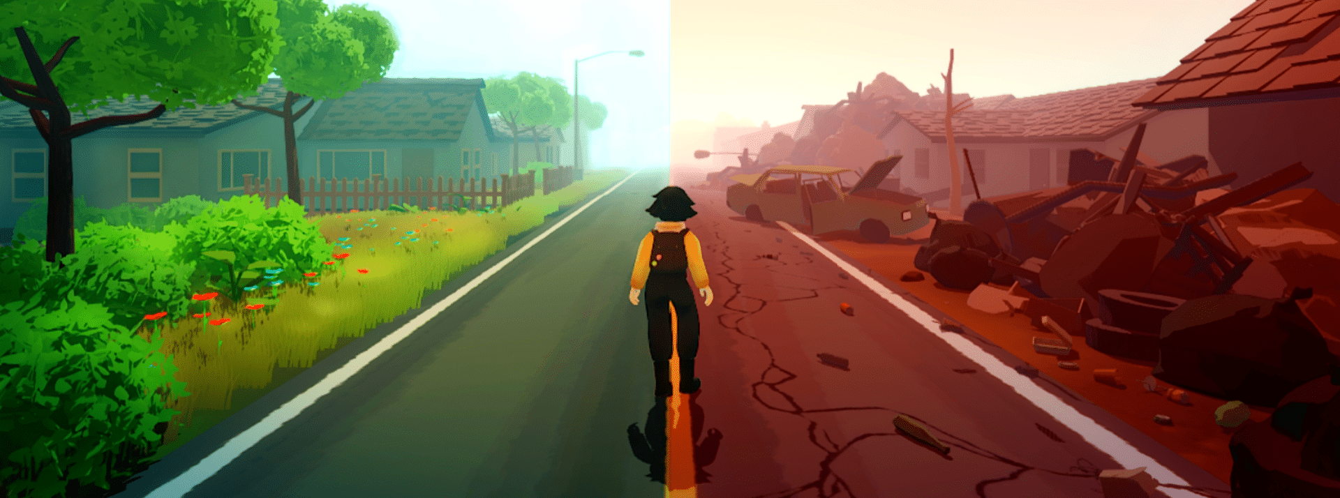 Image du jeu vidéo Plasticity, où la jeune Noa cherche à réparer un monde en crise écologique