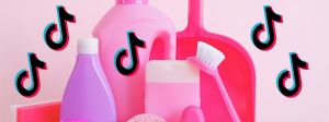 Produits ménagers rose et logos TikTok