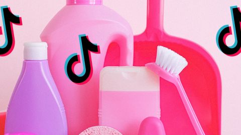 Cleantok Produits ménagers rose et logos TikTok