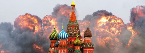 Kremlin, guerre Ukraine, réseaux sociaux Kremlin et nuages de flammes et poussières