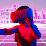 Un bébé avec un casque de réalité virtuel sur un décors retrofuturiste